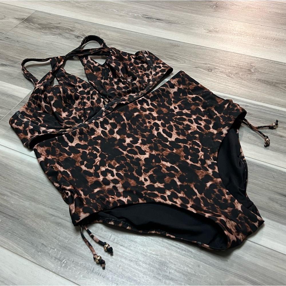 City Chic Brown and Black Leopard High Waist Bikini Set - Picture 2 of 4